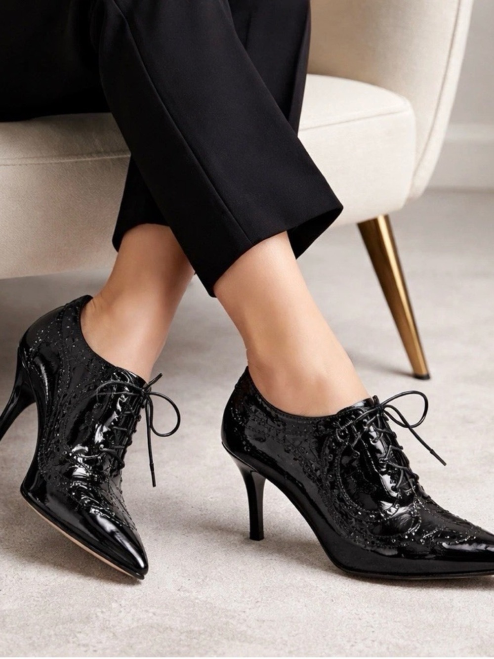 Tory Burch Black Patent Leather Lace Up Oxford Heels Brogue Pumps Sz 5